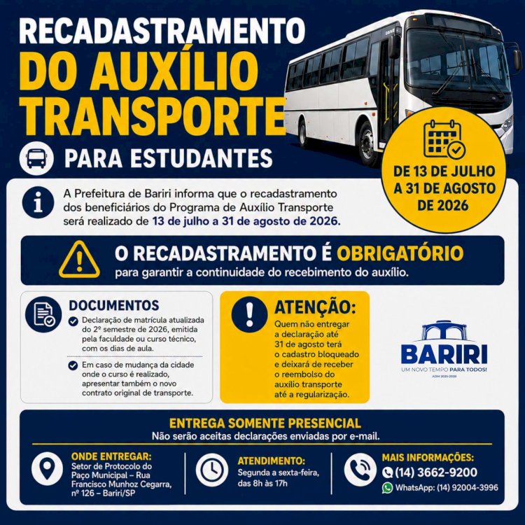 Estudantes de Bariri podem solicitar recadastramento de auxílio-transporte até o final de agosto