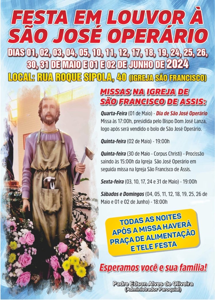 Festa em Louvor a São José Operário tem início em 1º de maio e segue até 2 de junho com programação religiosa