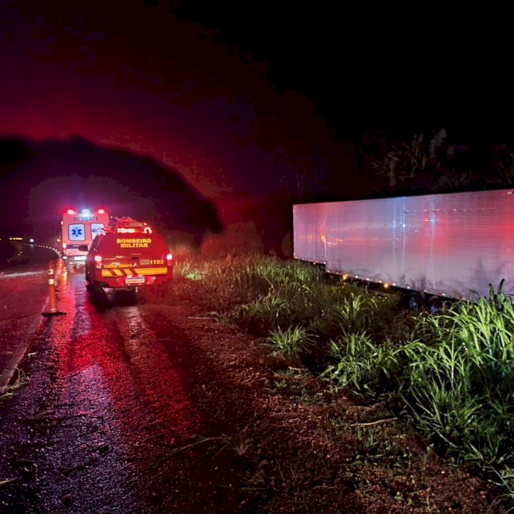 Carreta carregada de bojo perde o controle e sai da pista na BR-146