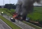 Caminhão com carga de frango pega fogo e aves morrem carbonizadas em Jaú