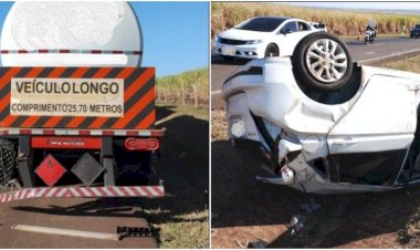 Veículo capota e vai parar no canteiro central após colisão traseira na SP-225, em Jaú