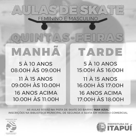 Prefeitura Municipal de Itapuí abre inscrição para aulas de skate