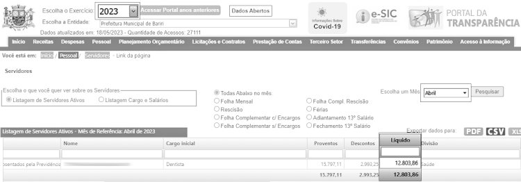 Dados da folha de pagamento de dentistas 