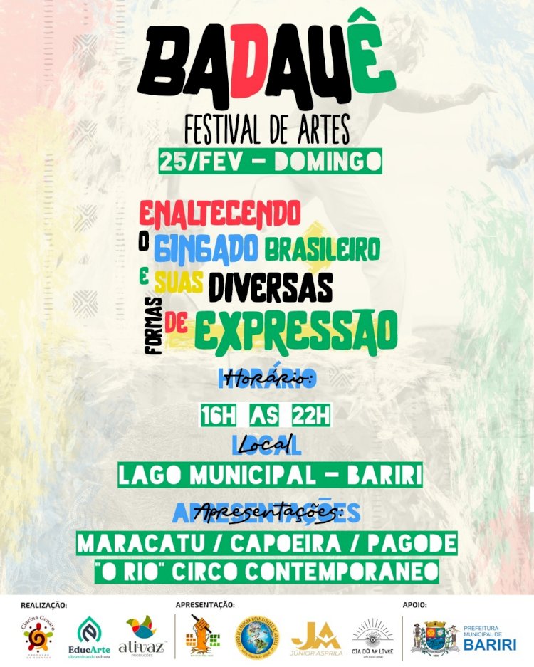 Lago Municipal de Bariri recebe “Badauê Festival de Artes” neste domingo