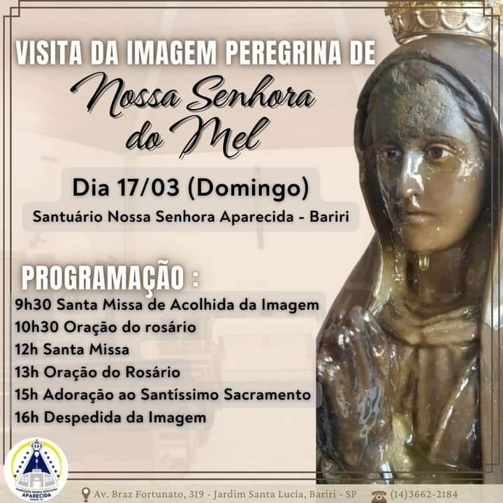 Santuário Nossa Senhora Aparecida de Bariri recebe imagem peregrina que “chora mel” neste domingo