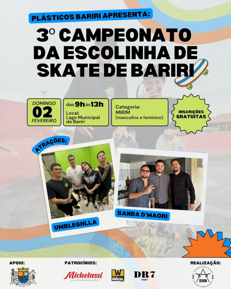 Lago Municipal será palco do 3° Campeonato da Escolinha de Skate de Bariri