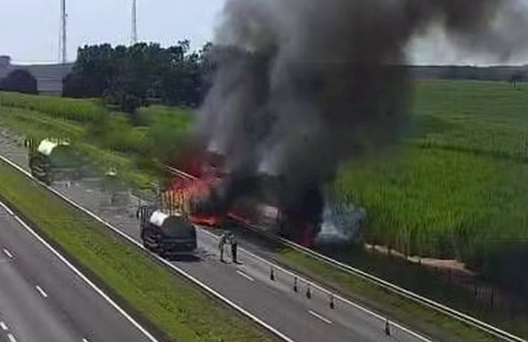 Caminhão com carga de frango pega fogo e aves morrem carbonizadas em Jaú