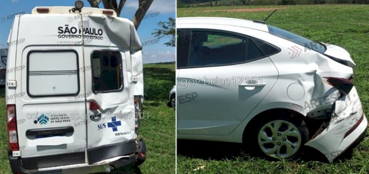 Engavetamento envolve carreta, ambulância e carro em Dourado