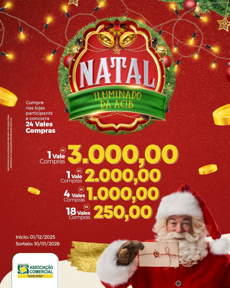 ACIB lança campanha “Natal Iluminado” com sorteio de 24 vales-compras