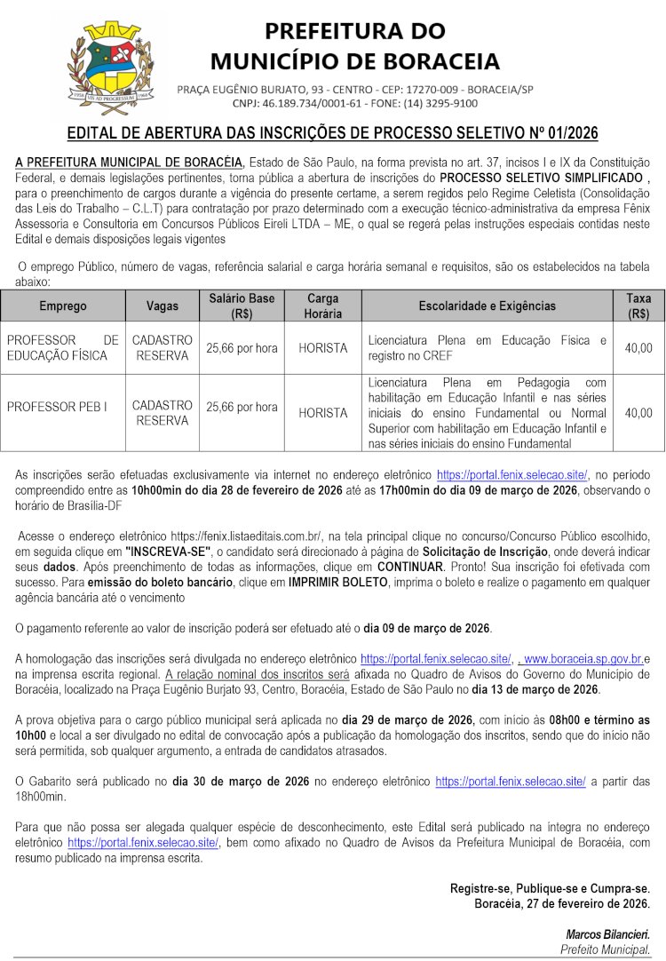 EDITAL: Abertura das inscrições de processo seletivo Nº 01/2026 de Boraceia