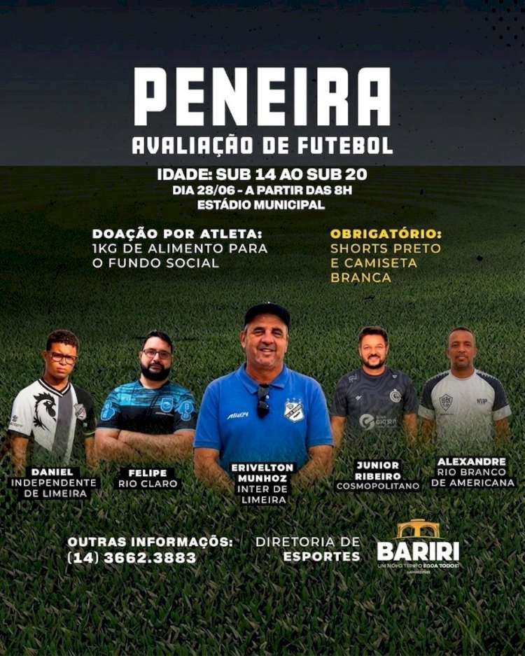 Domingo tem “peneira” no Faridão! Representantes de seis clubes de futebol avaliarão garotos de 8 a  20 anos em Bariri